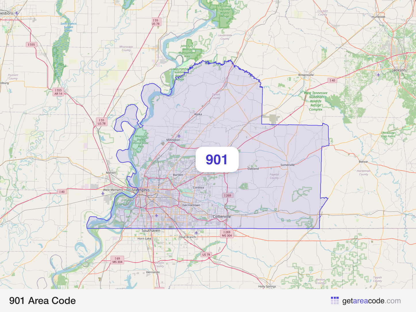 Map of the 901 area code service region around Memphis, TN