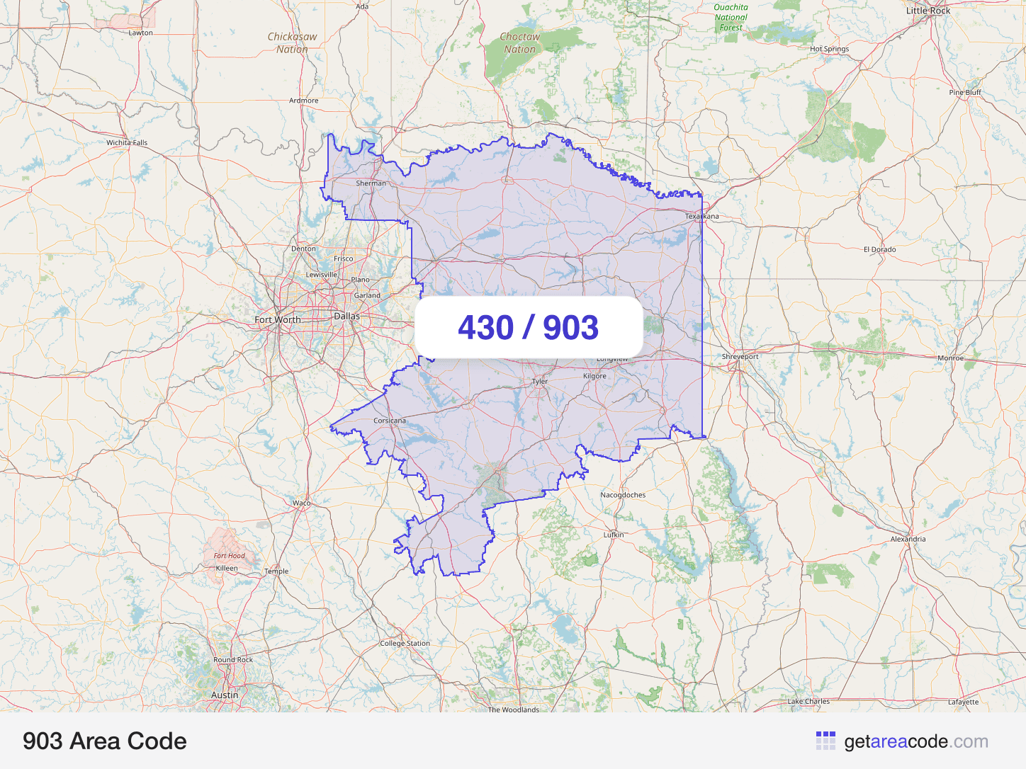 Map of the 903 area code service region around Tyler, TX