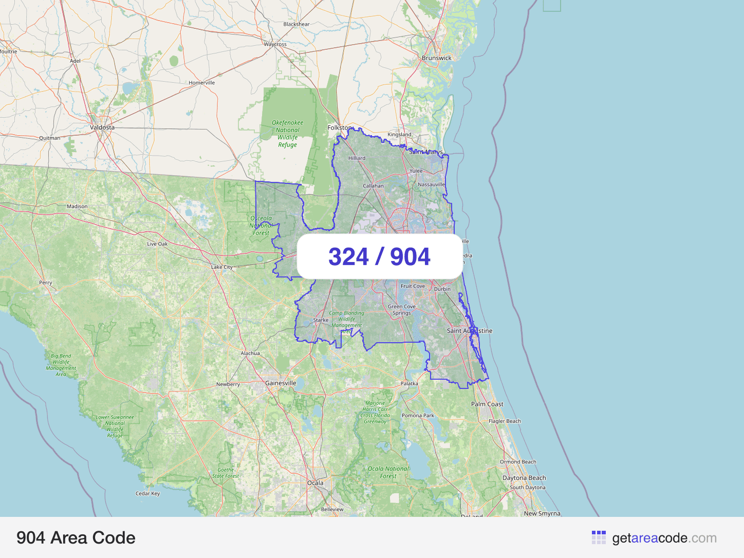 Map of the 904 area code service region around Jacksonville, FL