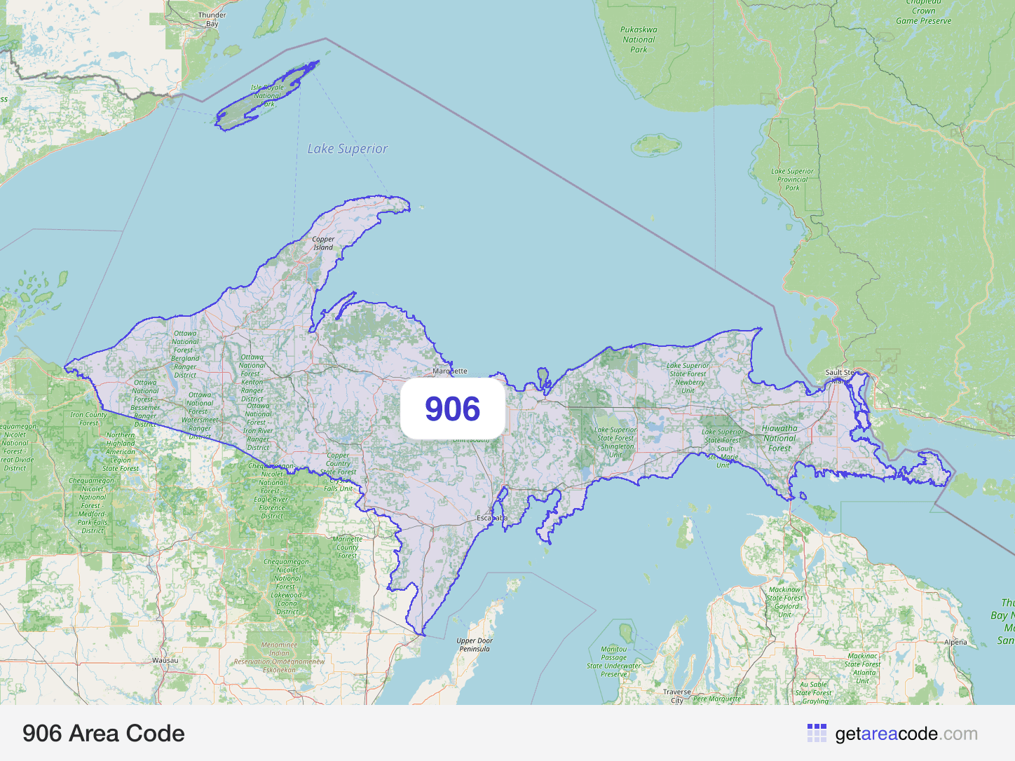 Map of the 906 area code service region around Marquette, MI
