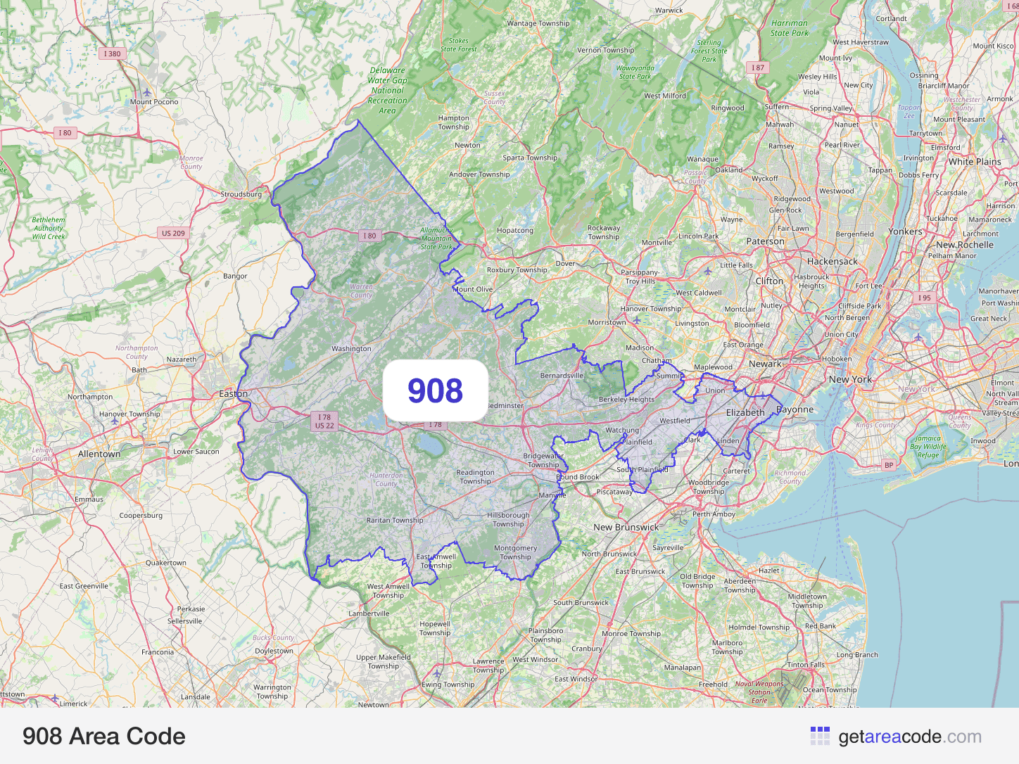 Map of the 908 area code service region around Elizabeth, NJ