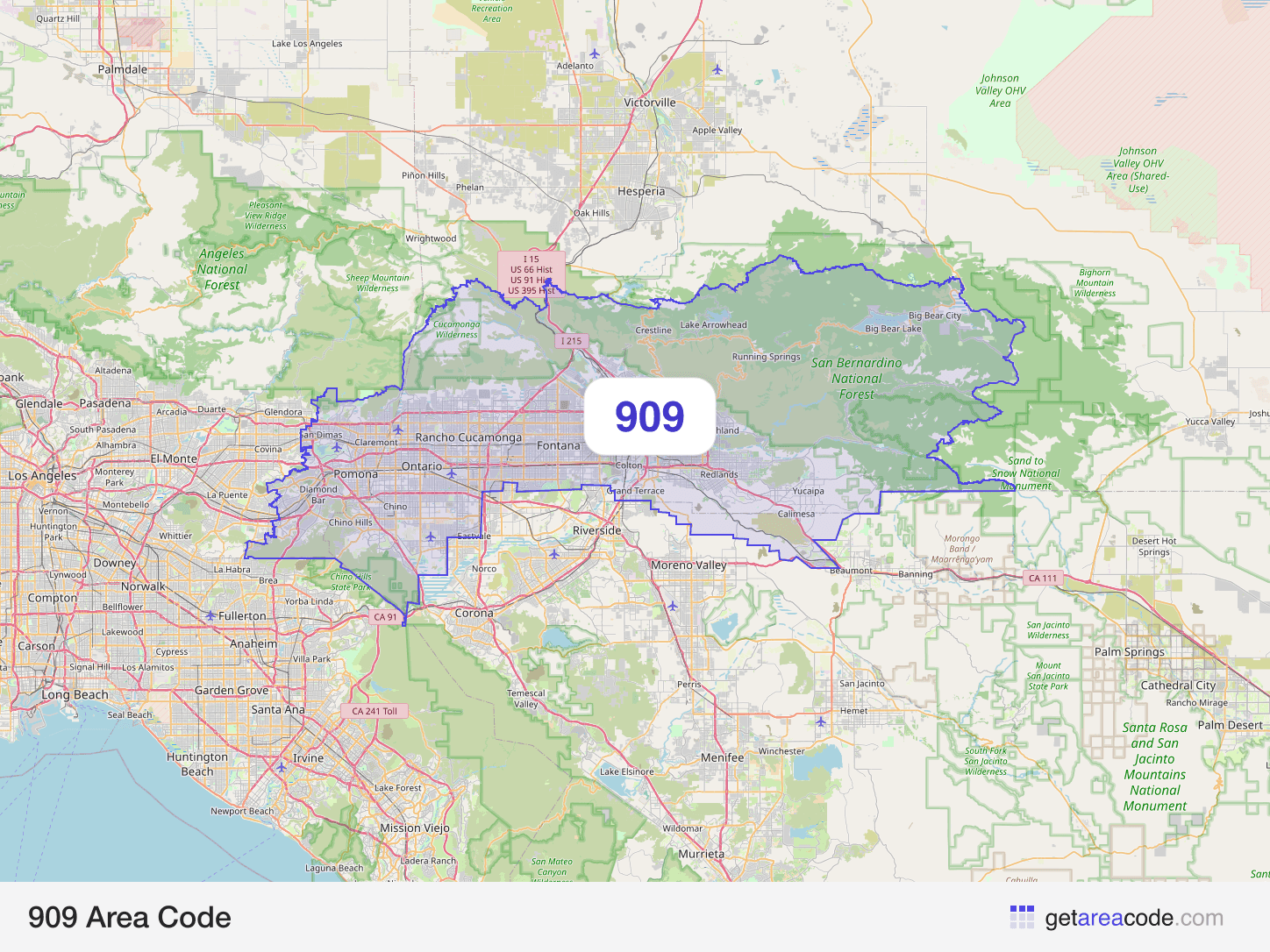 Map of the 909 area code service region around San Bernardino, CA