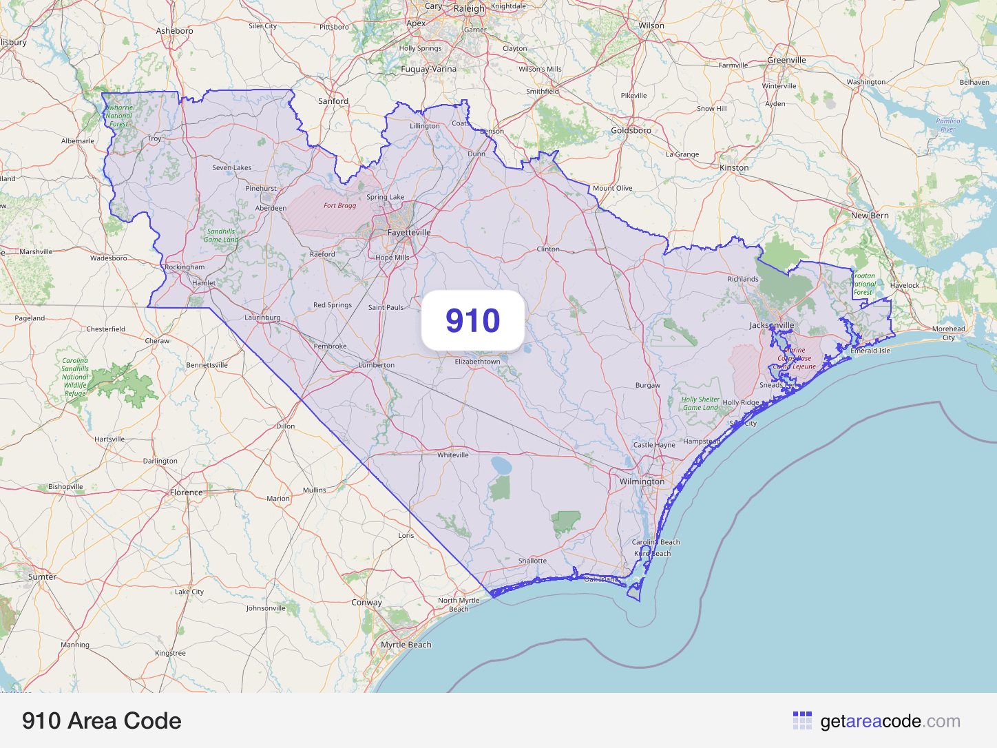 Map of the 910 area code service region around Fayetteville, NC