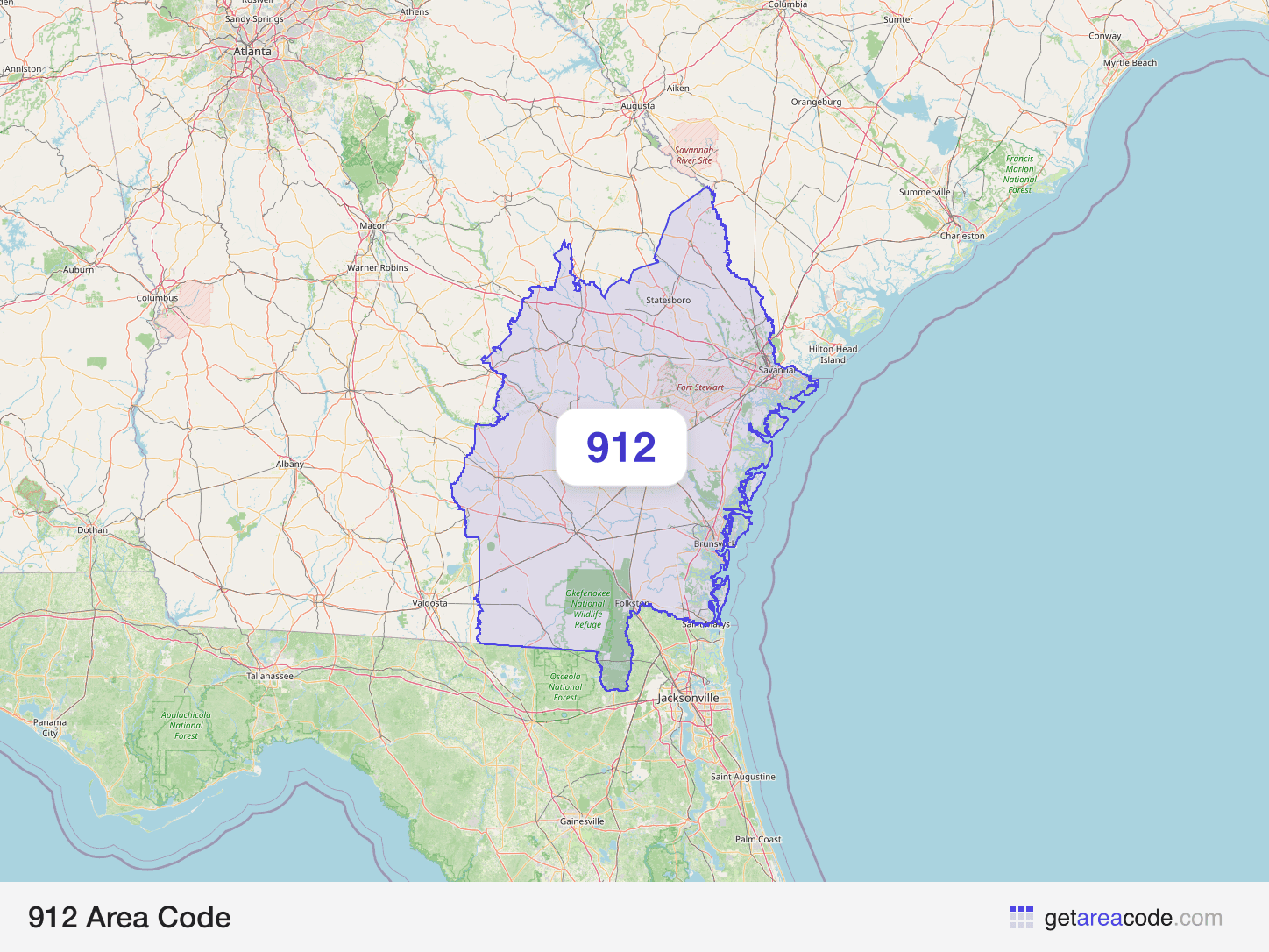 Map of the 912 area code service region around Savannah, GA