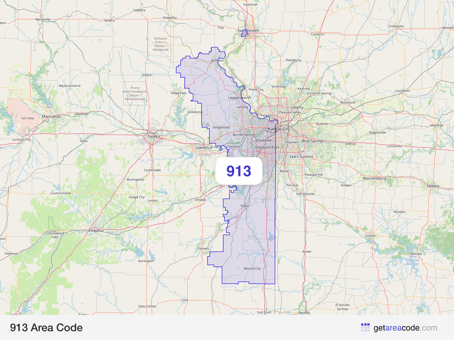 Map of the 913 area code service region around Overland Park, KS