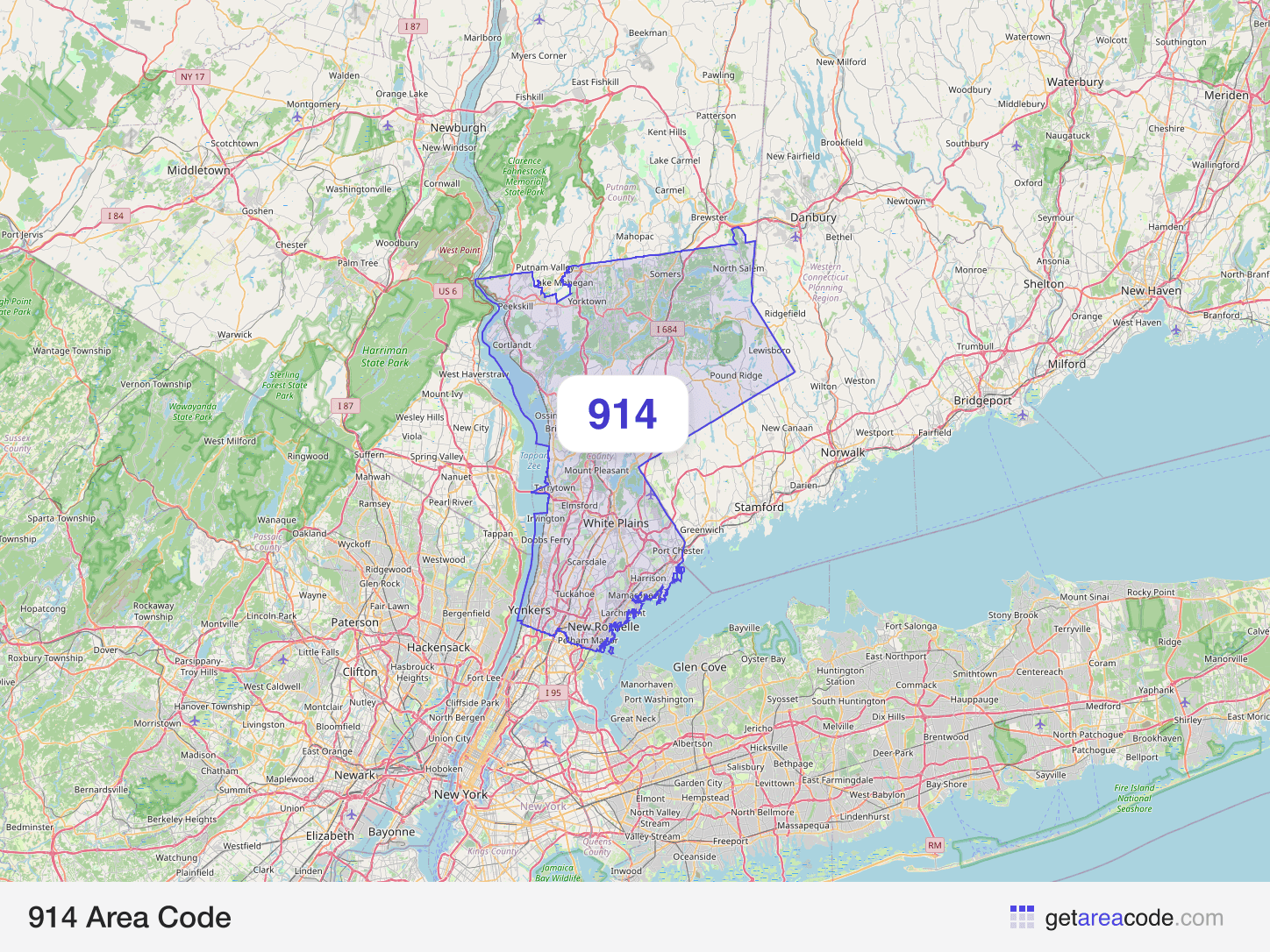 Map of the 914 area code service region around Yonkers, NY