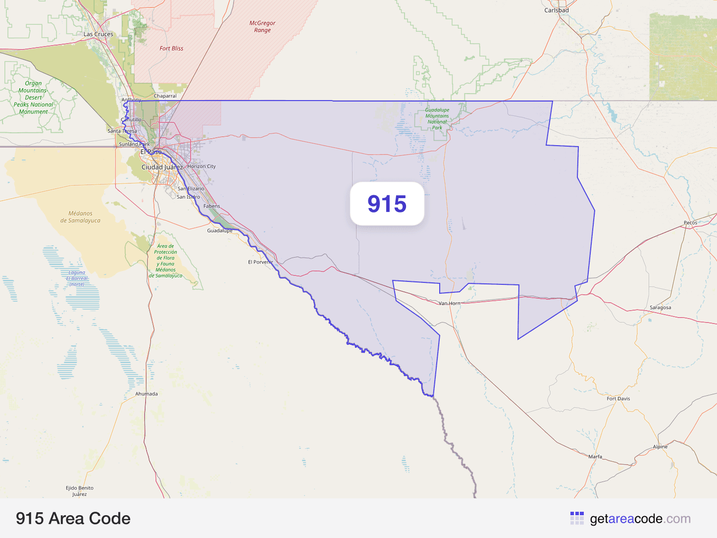 Map of the 915 area code service region around El Paso, TX
