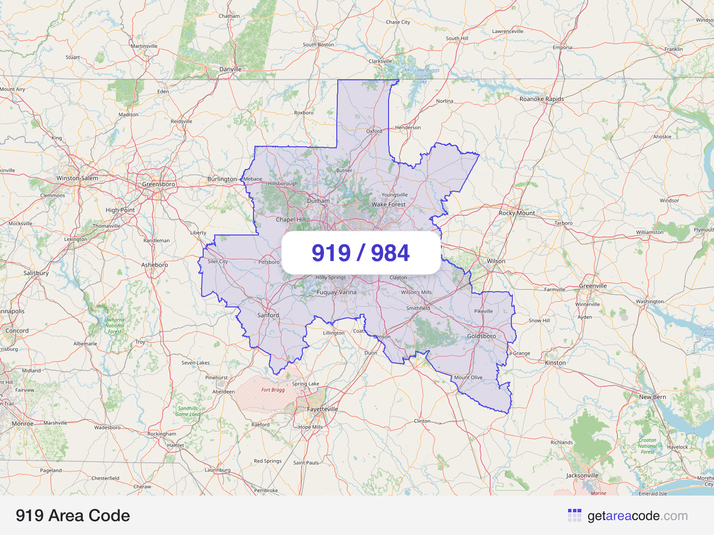 Map of the 919 area code service region around Raleigh, NC