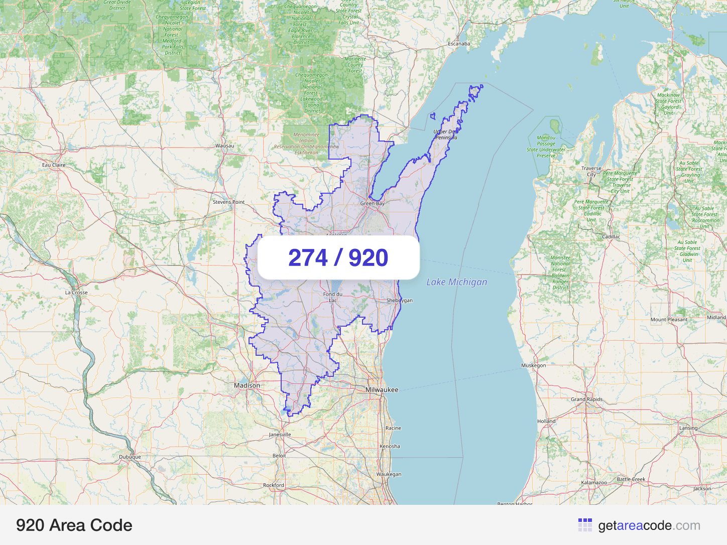 Map of the 920 area code service region around Green Bay, WI