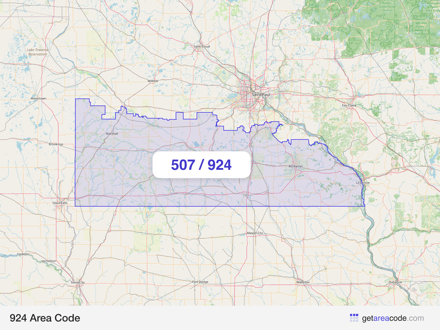 Map of the 924 area code service region around Rochester, MN