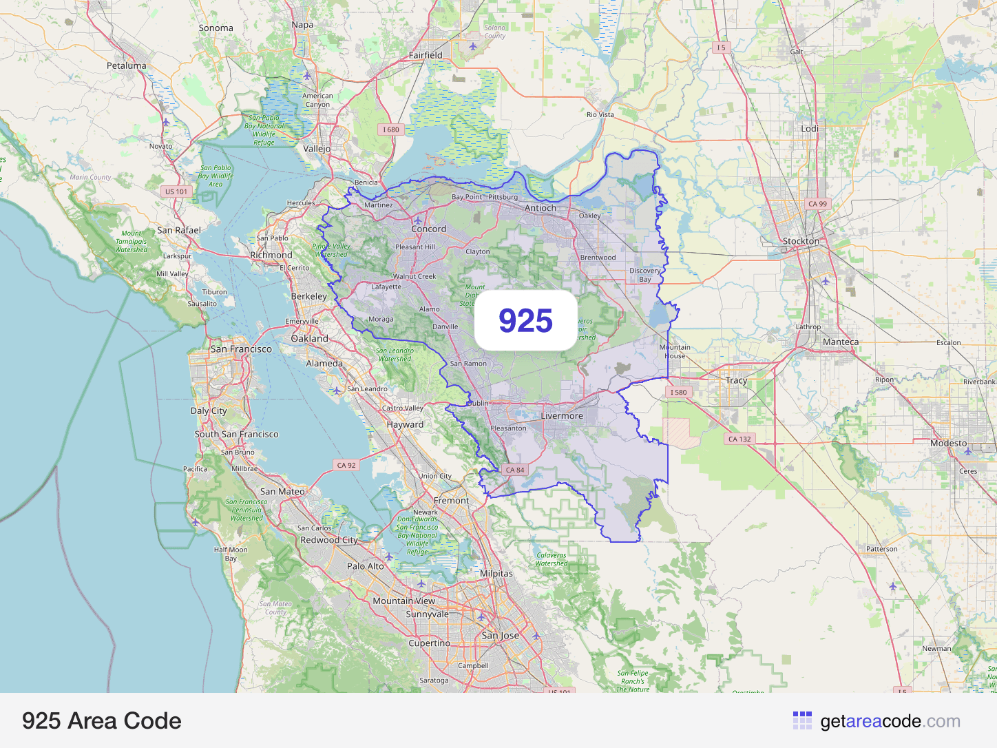 Map of the 925 area code service region around Concord, CA