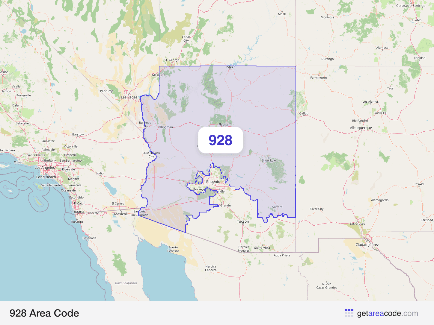 Map of the 928 area code service region around Yuma, AZ