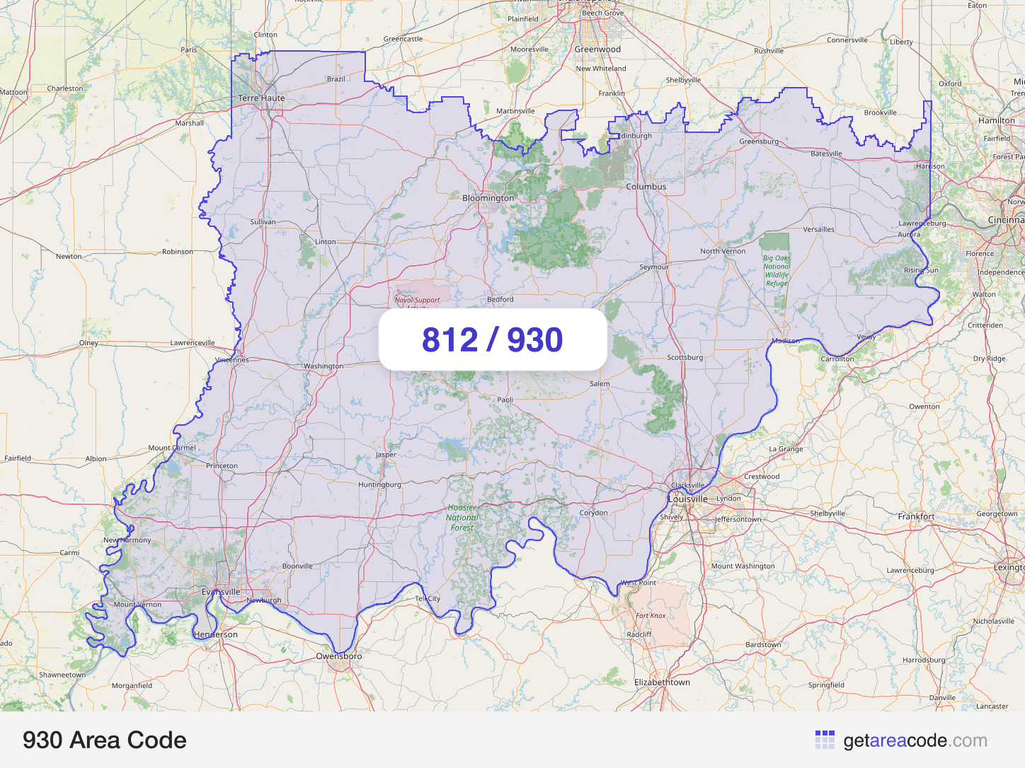 Map of the 930 area code service region around Evansville, IN