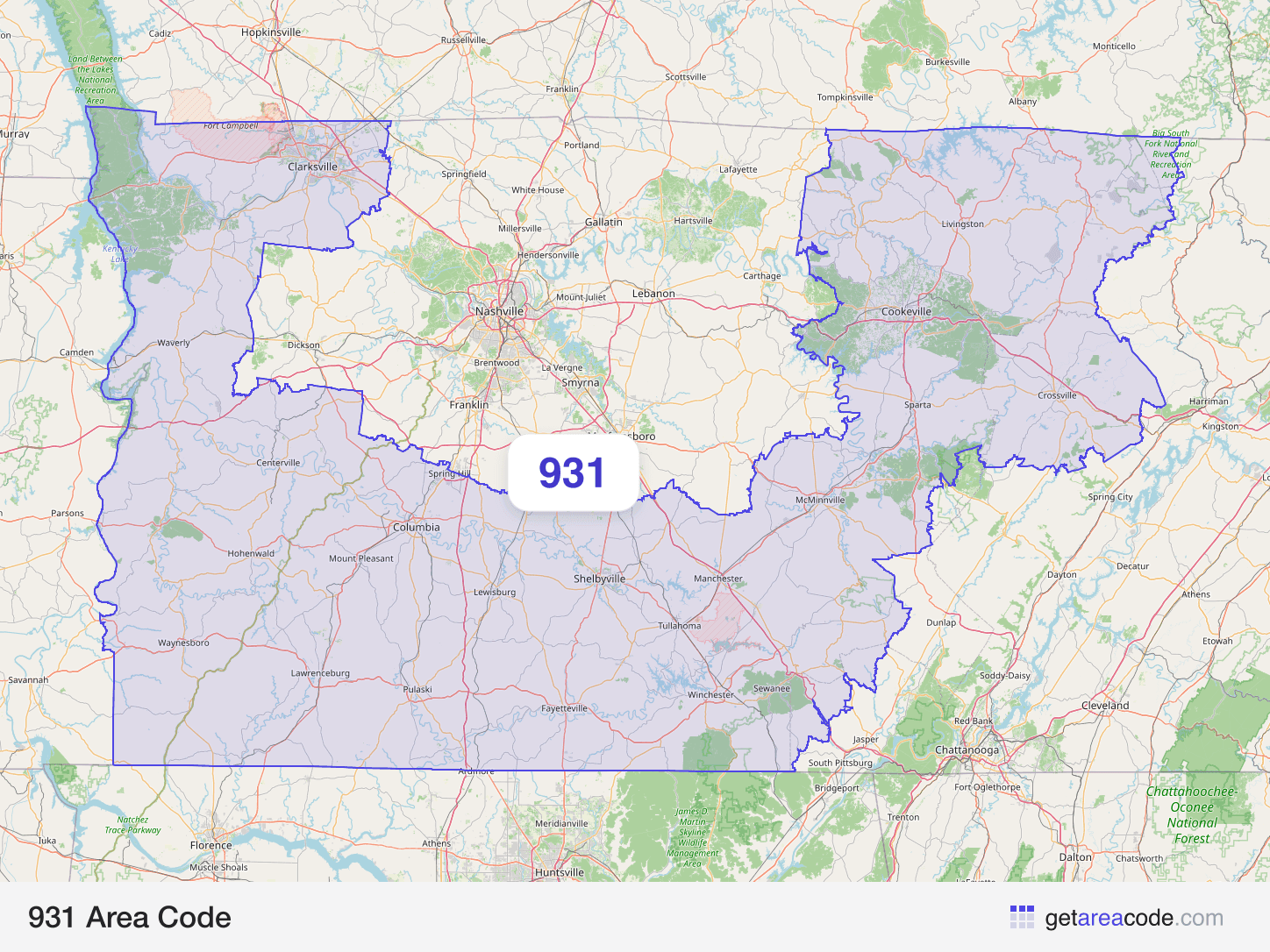 Map of the 931 area code service region around Clarksville, TN