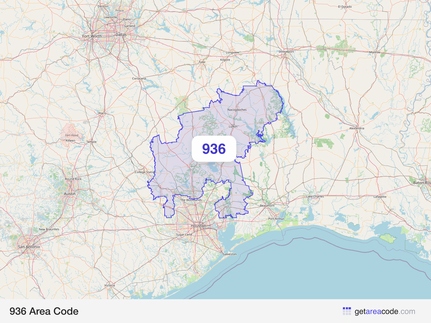 Map of the 936 area code service region around Conroe, TX