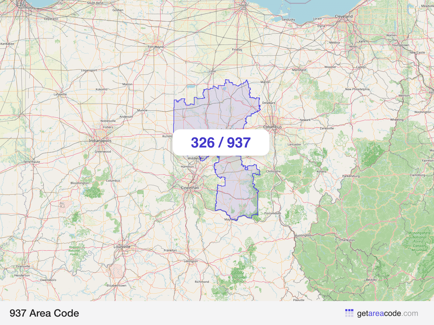 Map of the 937 area code service region around Dayton, OH