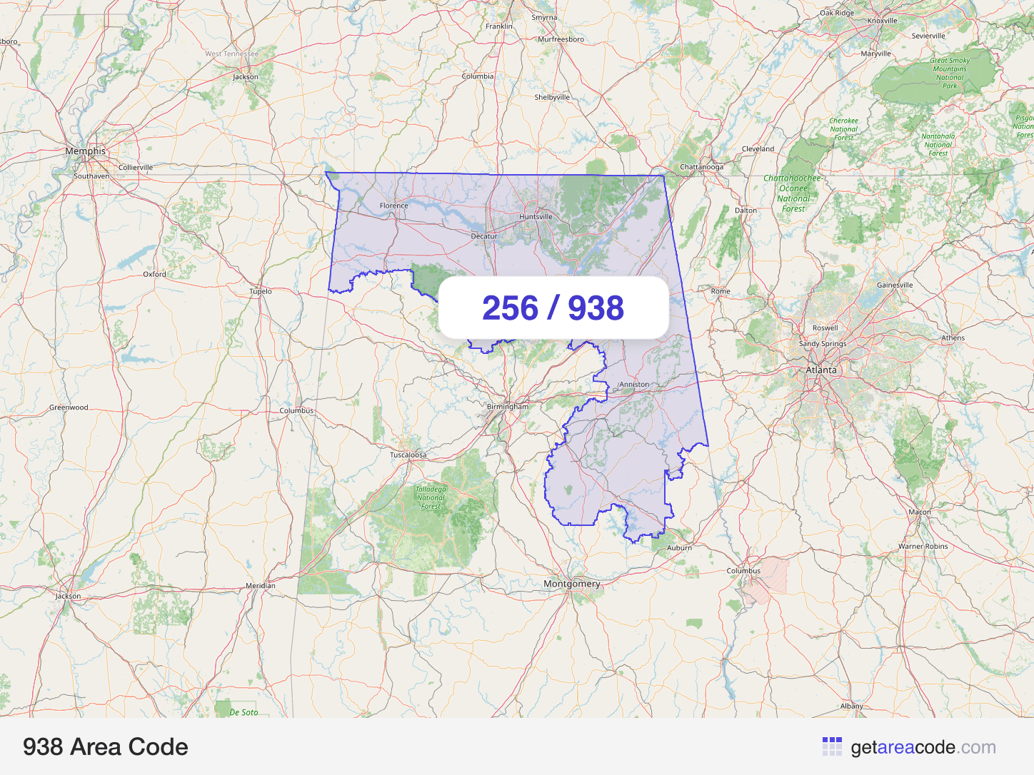 Map of the 938 area code service region around Huntsville, AL