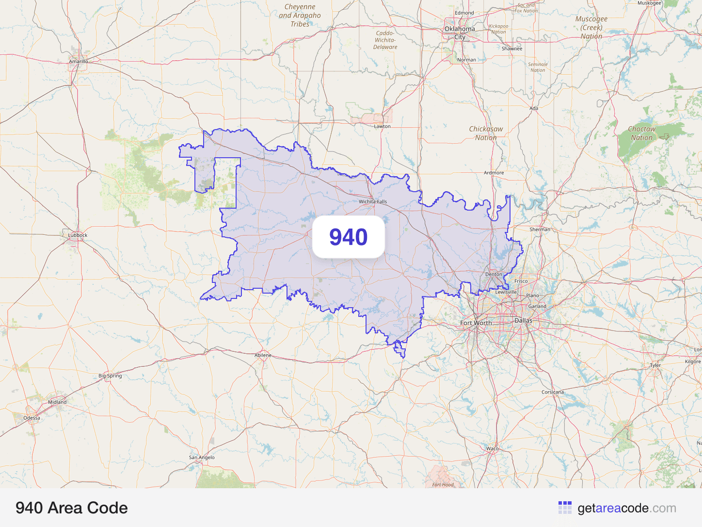 Map of the 940 area code service region around Denton, TX