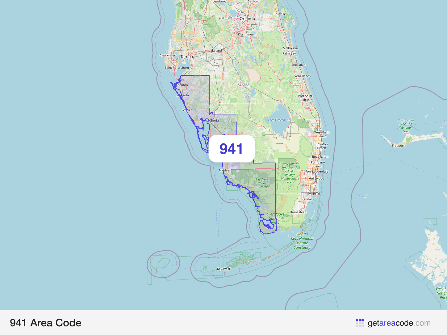 Map of the 941 area code service region around North Port, FL