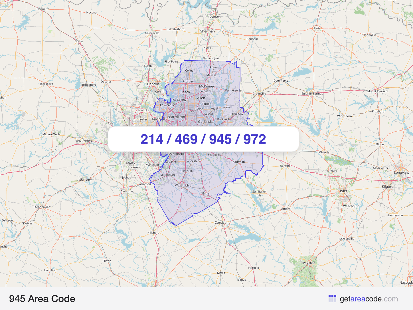 Map of the 945 area code service region around Dallas, TX