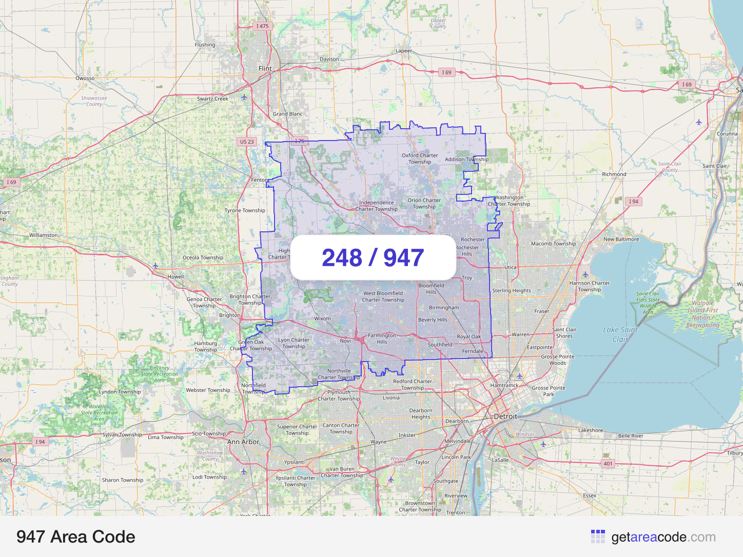 Map of the 947 area code service region around Troy, MI