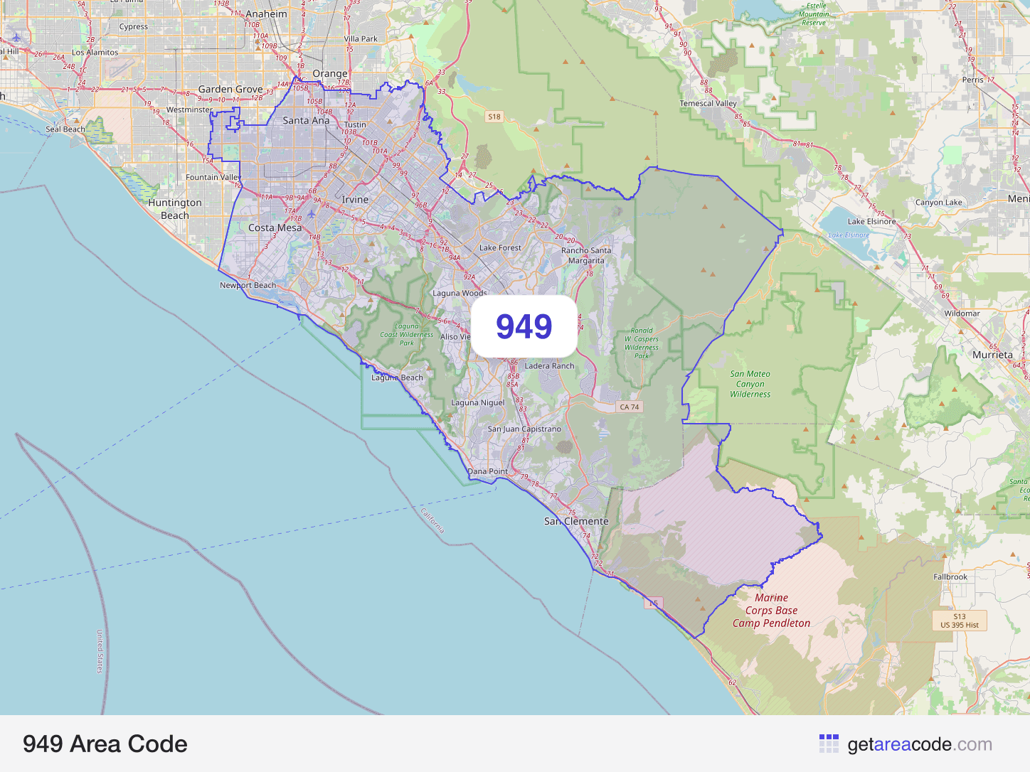 Map of the 949 area code service region around Irvine, CA
