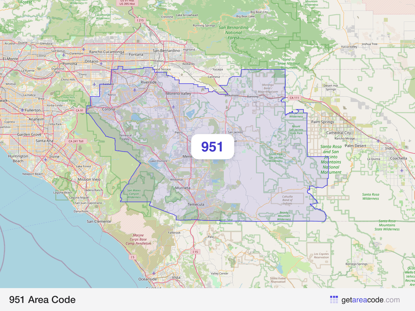 Map of the 951 area code service region around Riverside, CA