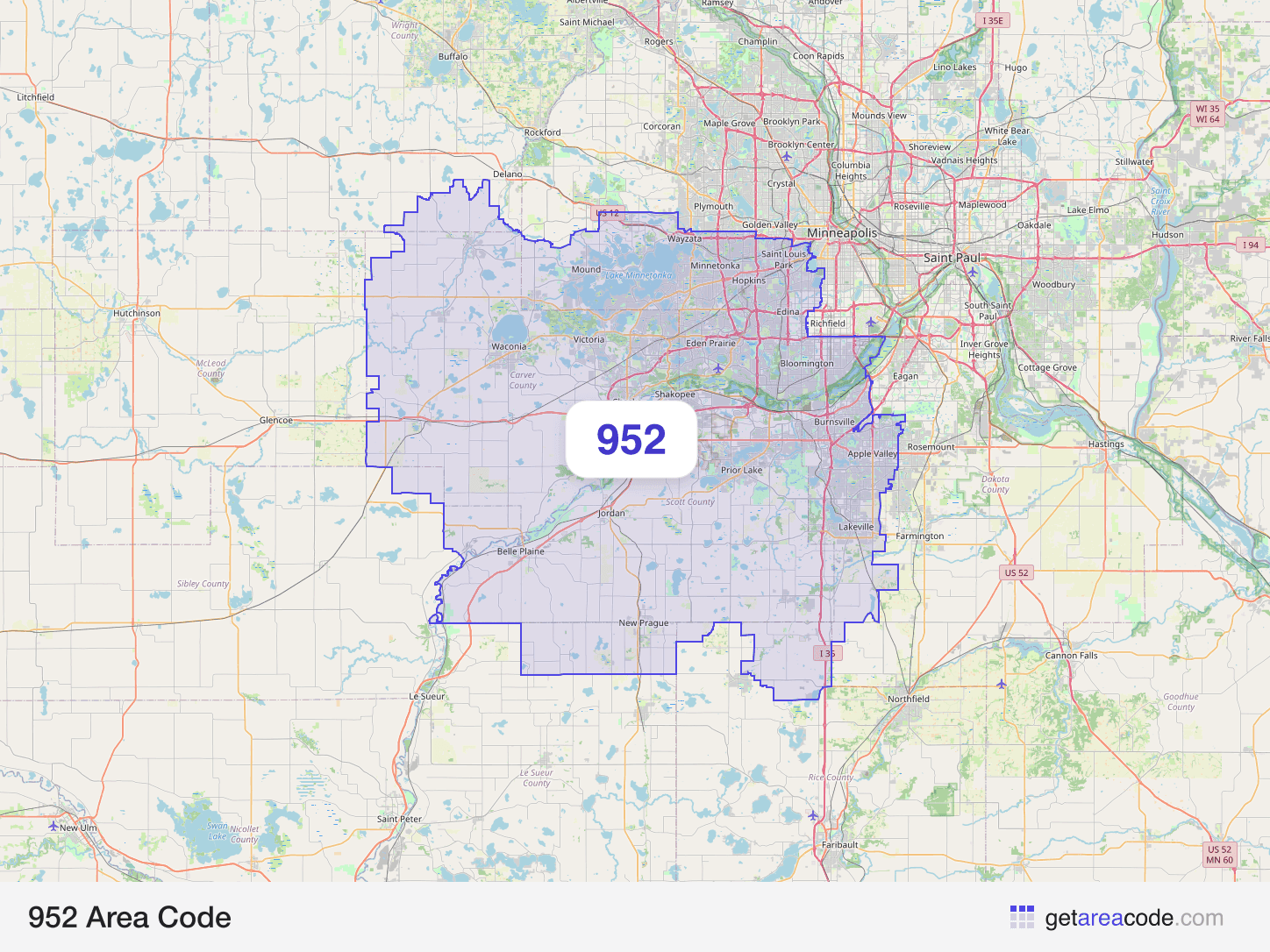 Map of the 952 area code service region around Bloomington, MN