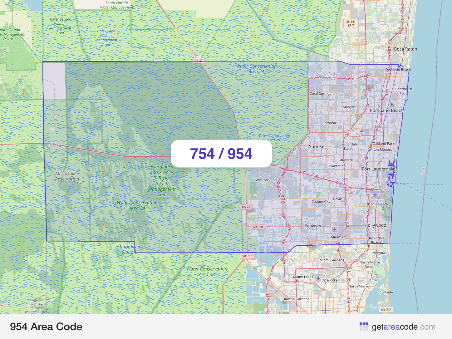Map of the 954 area code service region around Fort Lauderdale, FL