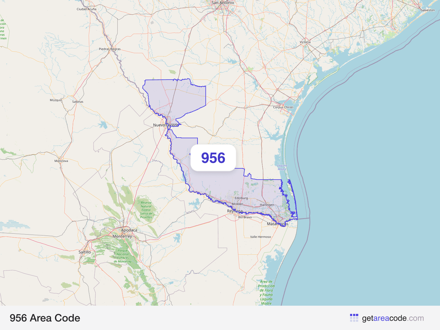 Map of the 956 area code service region around Laredo, TX