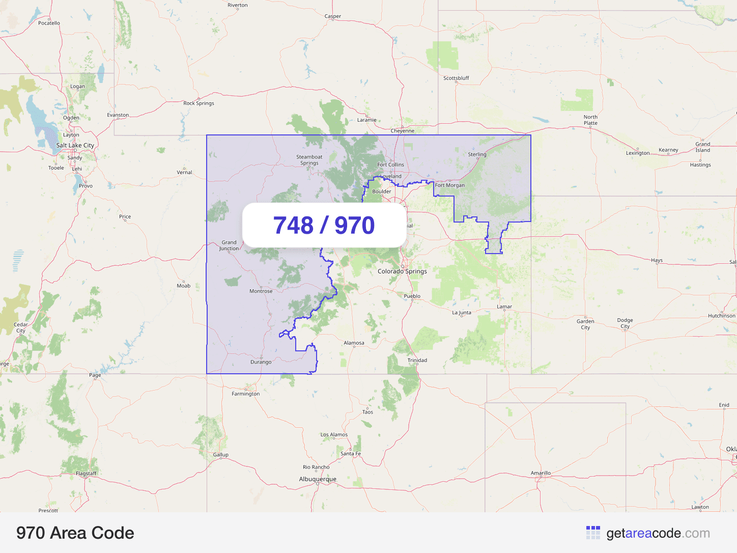 Map of the 970 area code service region around Fort Collins, CO