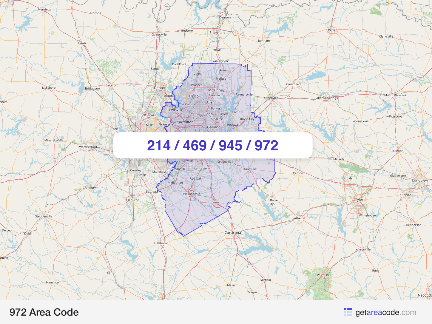 Map of the 972 area code service region around Dallas, TX