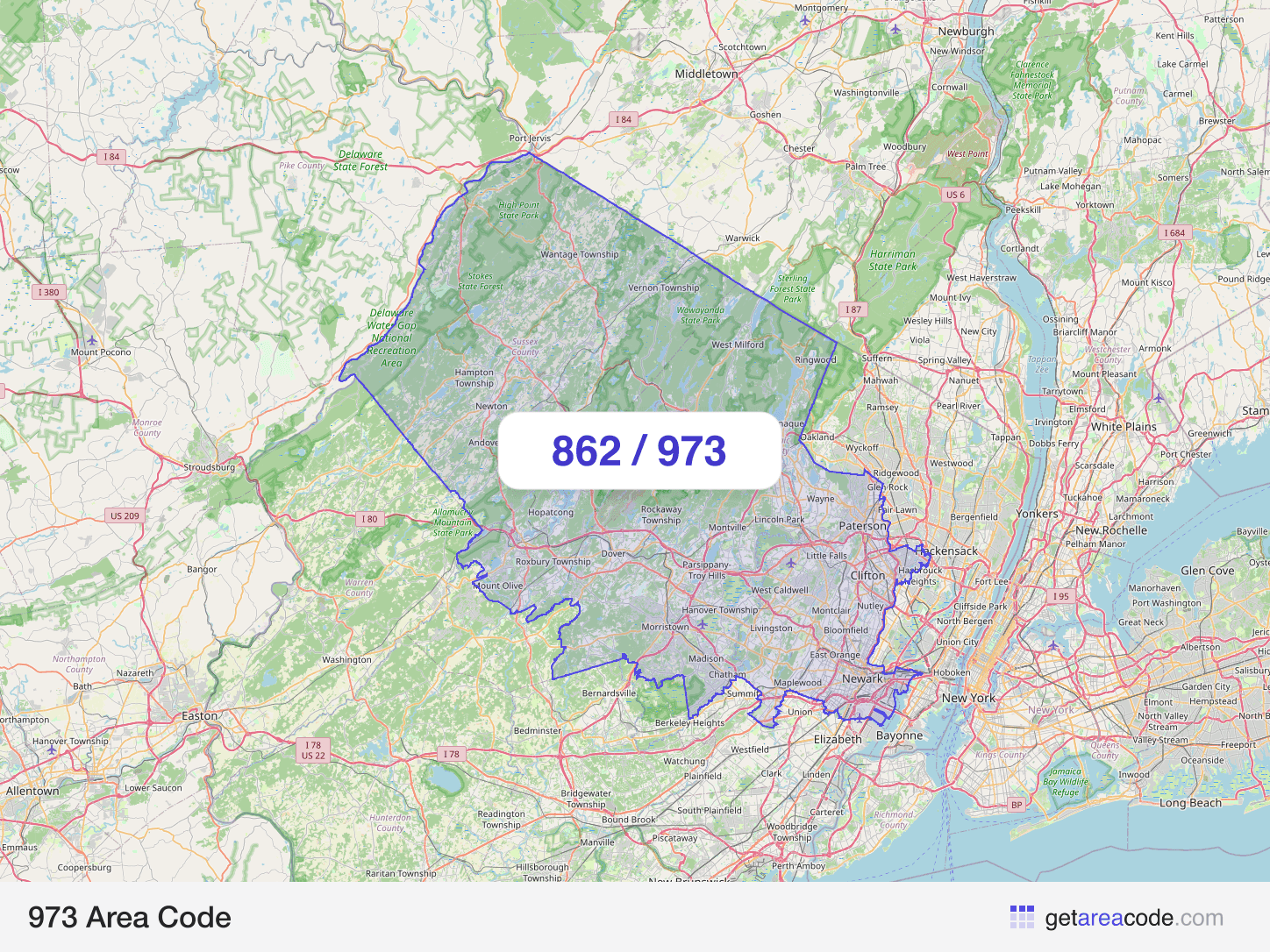 Map of the 973 area code service region around Newark, NJ