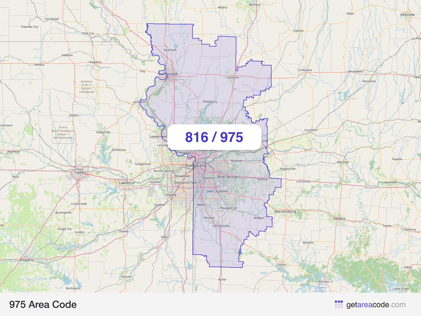 Map of the 975 area code service region around Kansas City, MO