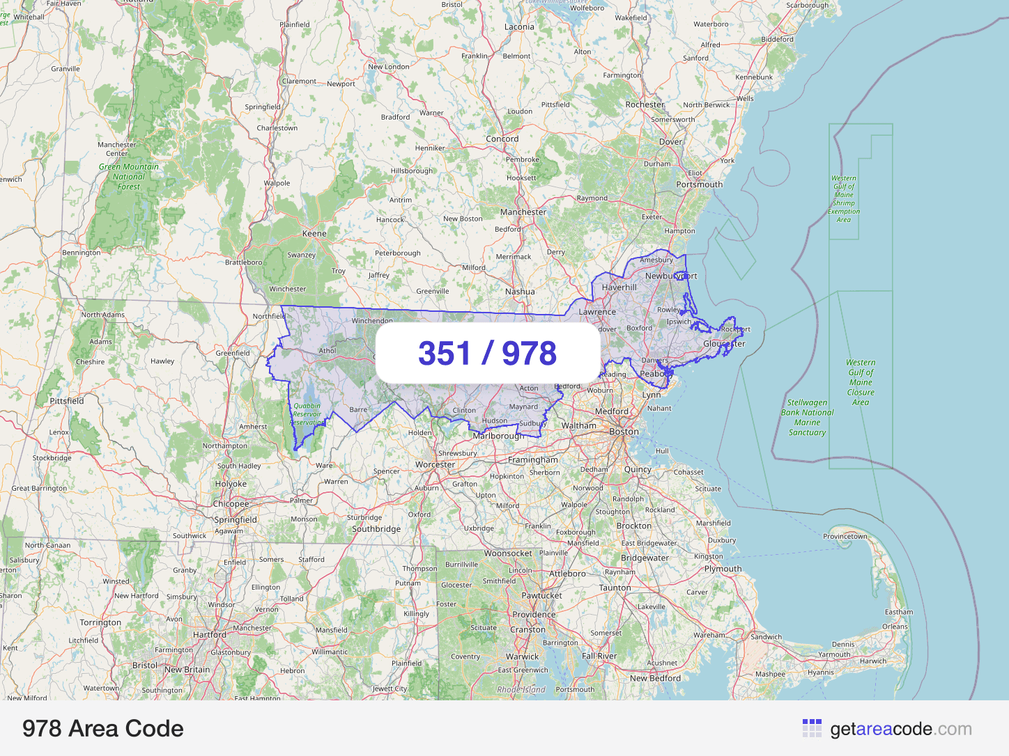 Map of the 978 area code service region around Lowell, MA