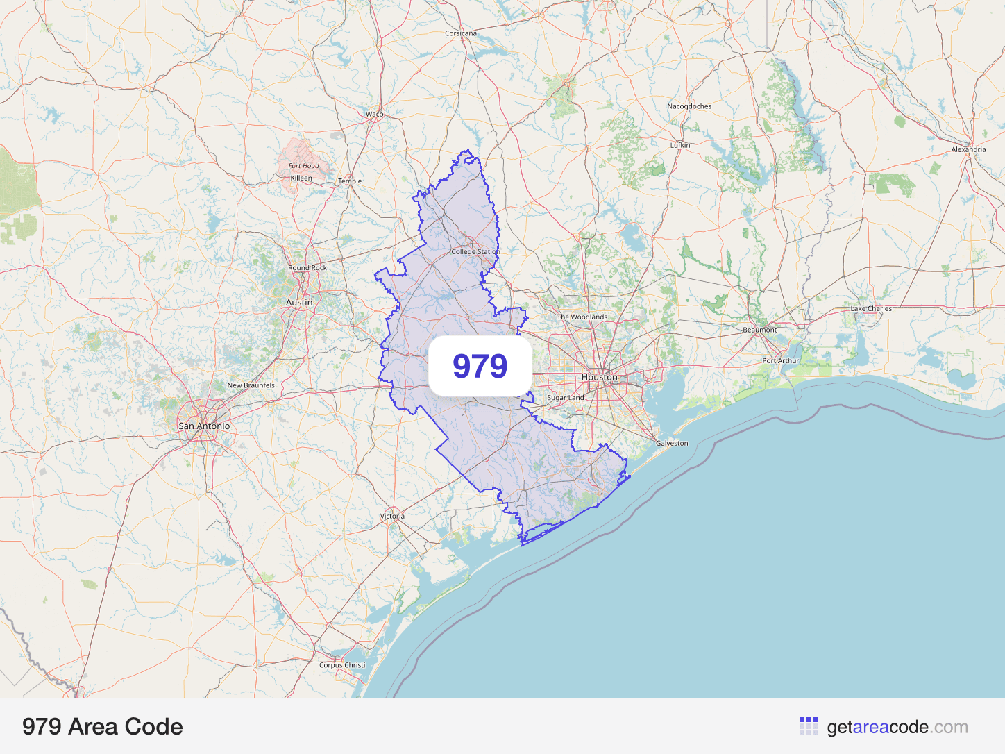 Map of the 979 area code service region around College Station, TX
