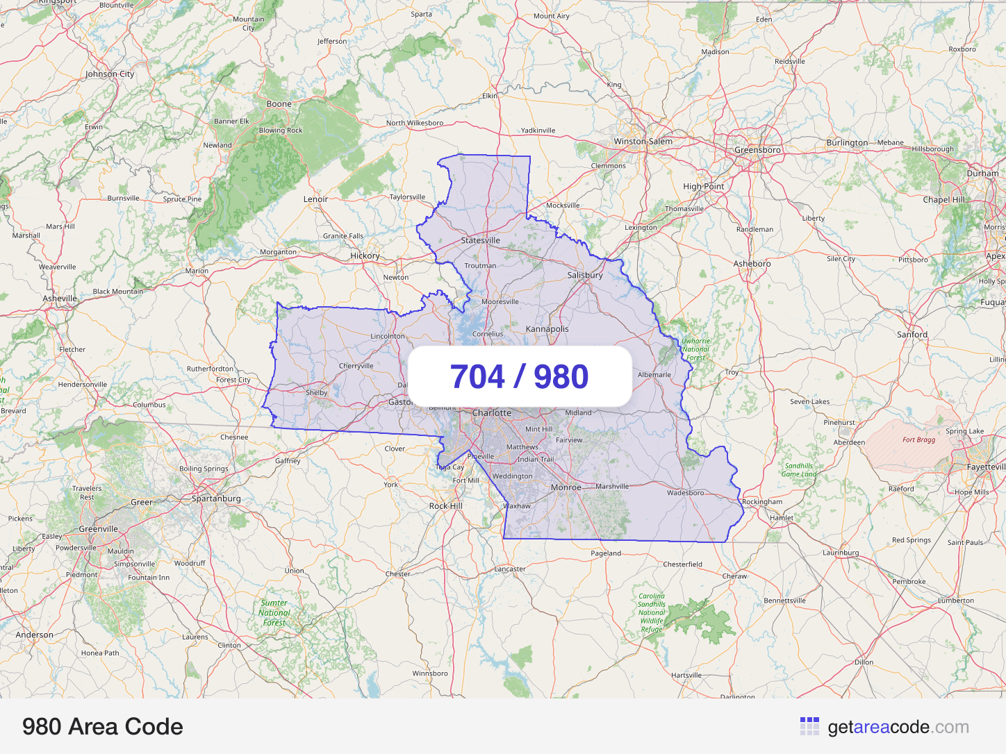 Map of the 980 area code service region around Charlotte, NC