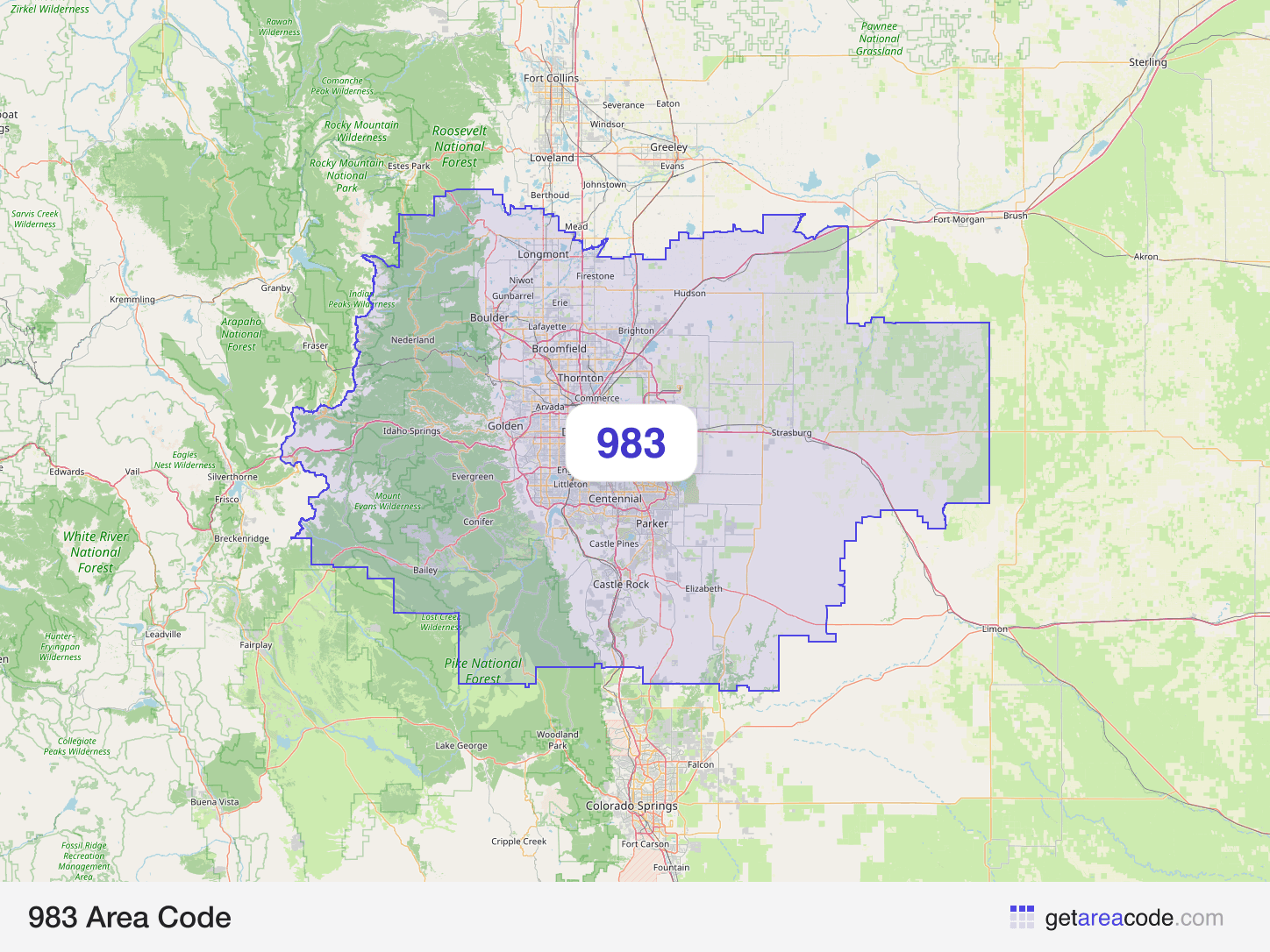 Map of the 983 area code service region around Denver, CO