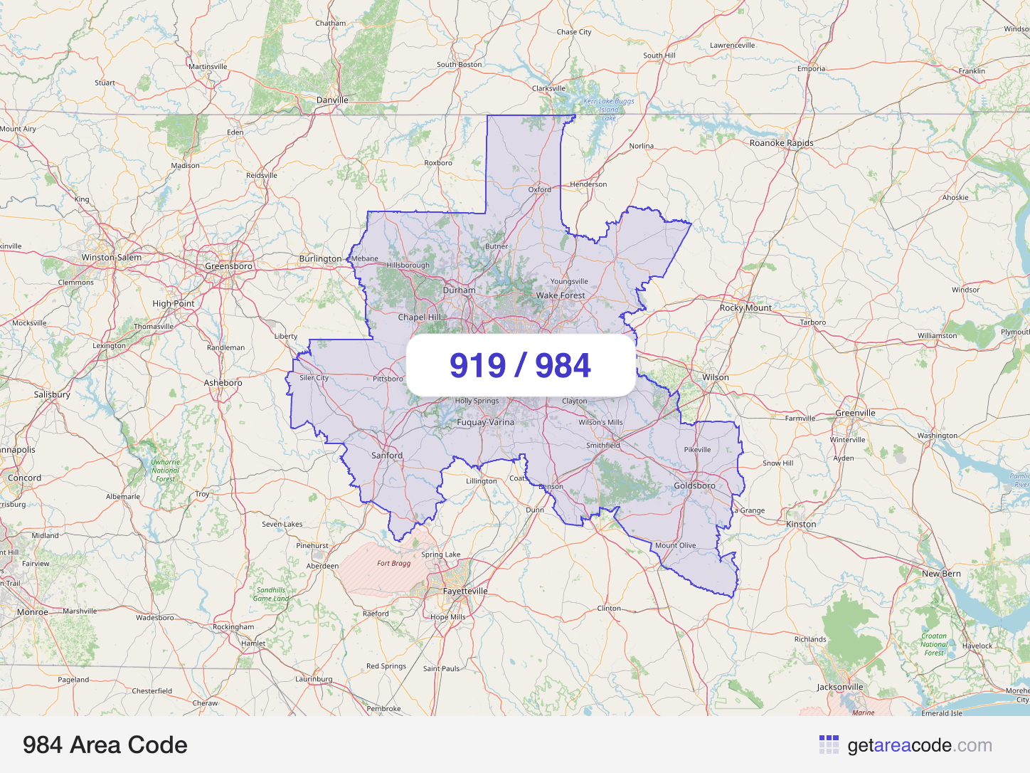 Map of the 984 area code service region around Raleigh, NC