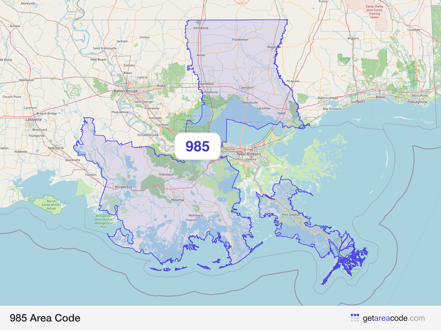 Map of the 985 area code service region around Houma, LA