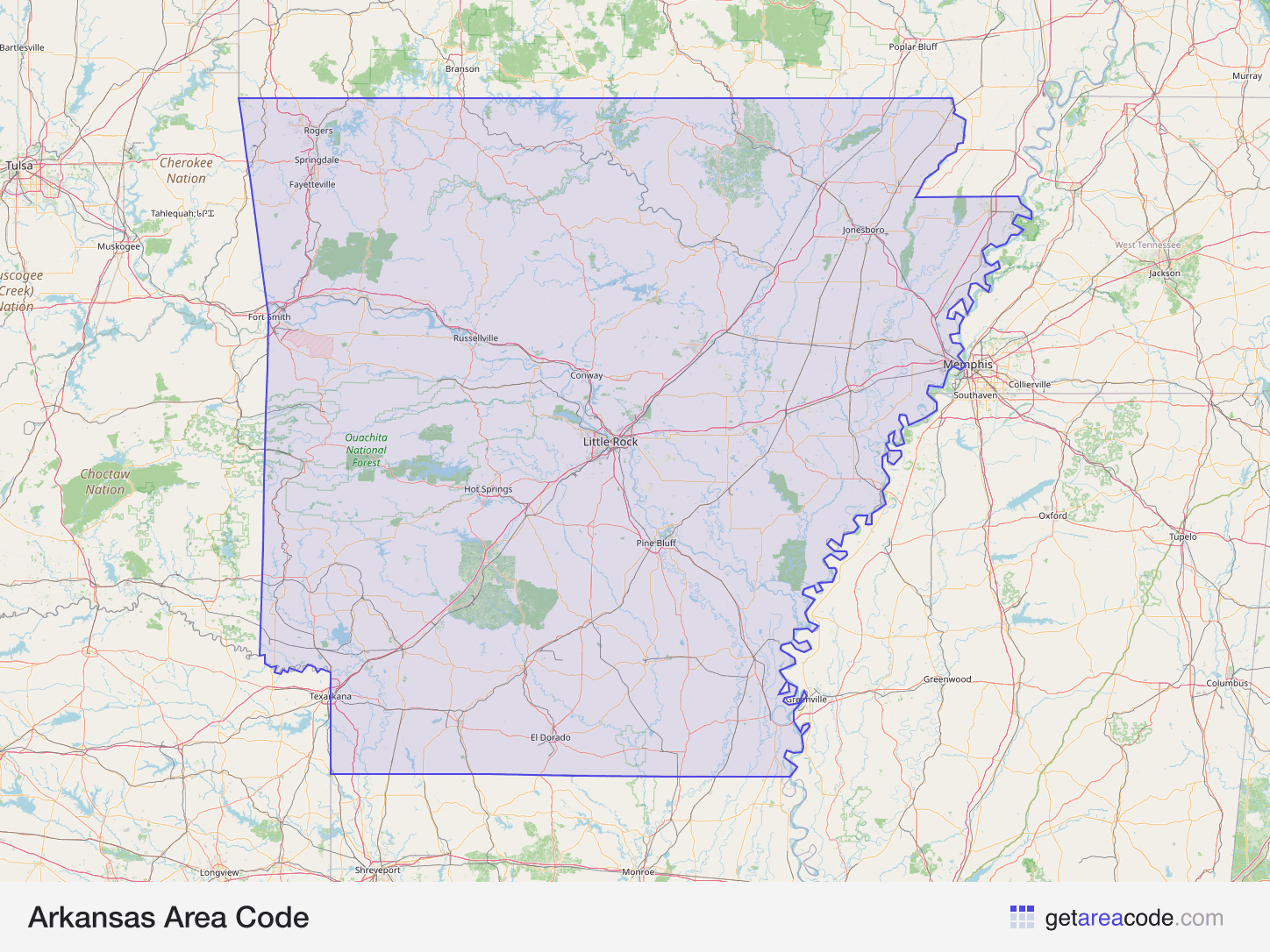 Map of Arkansas showing the area covered by its area codes