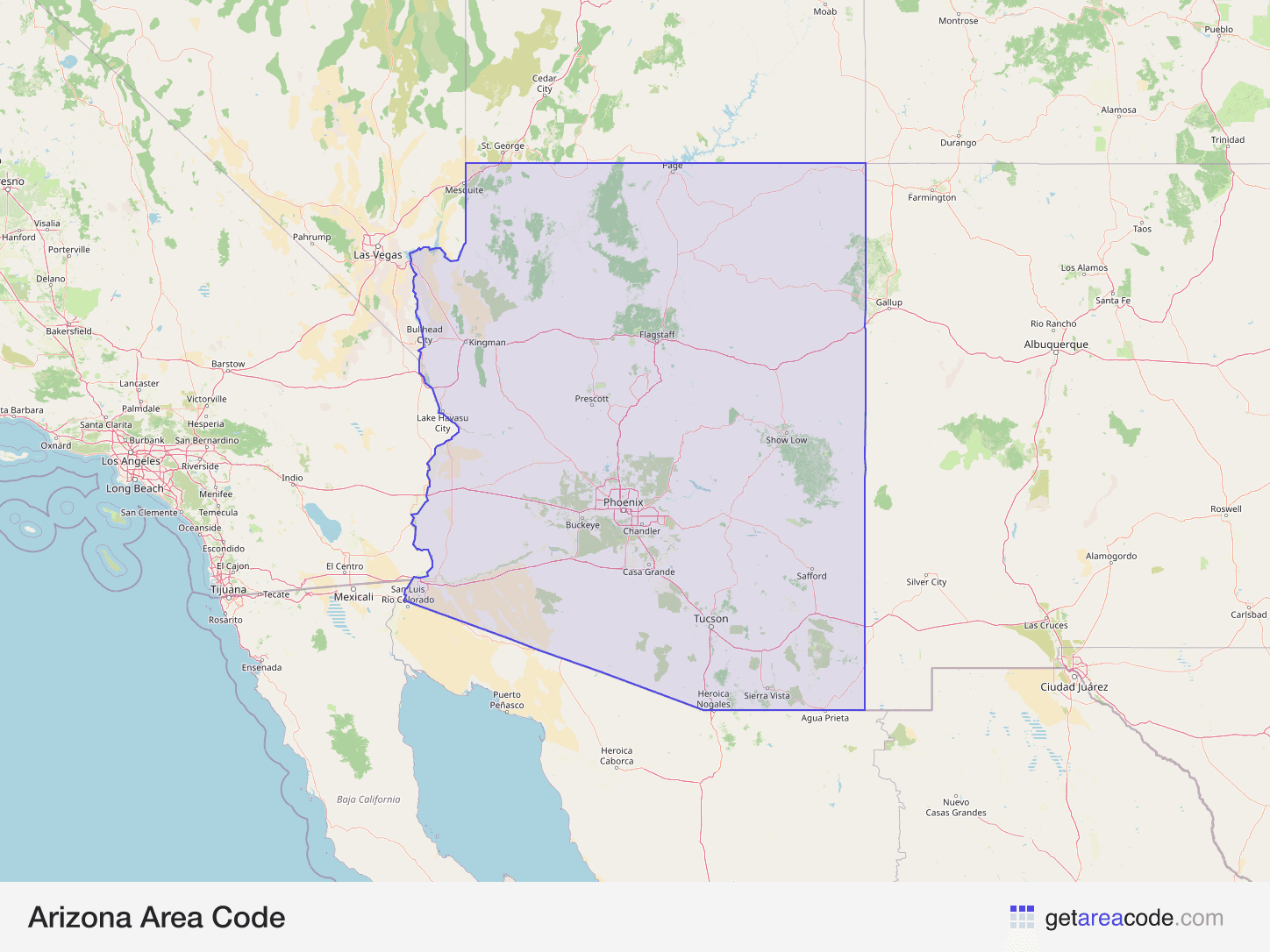 Map of Arizona showing the area covered by its area codes