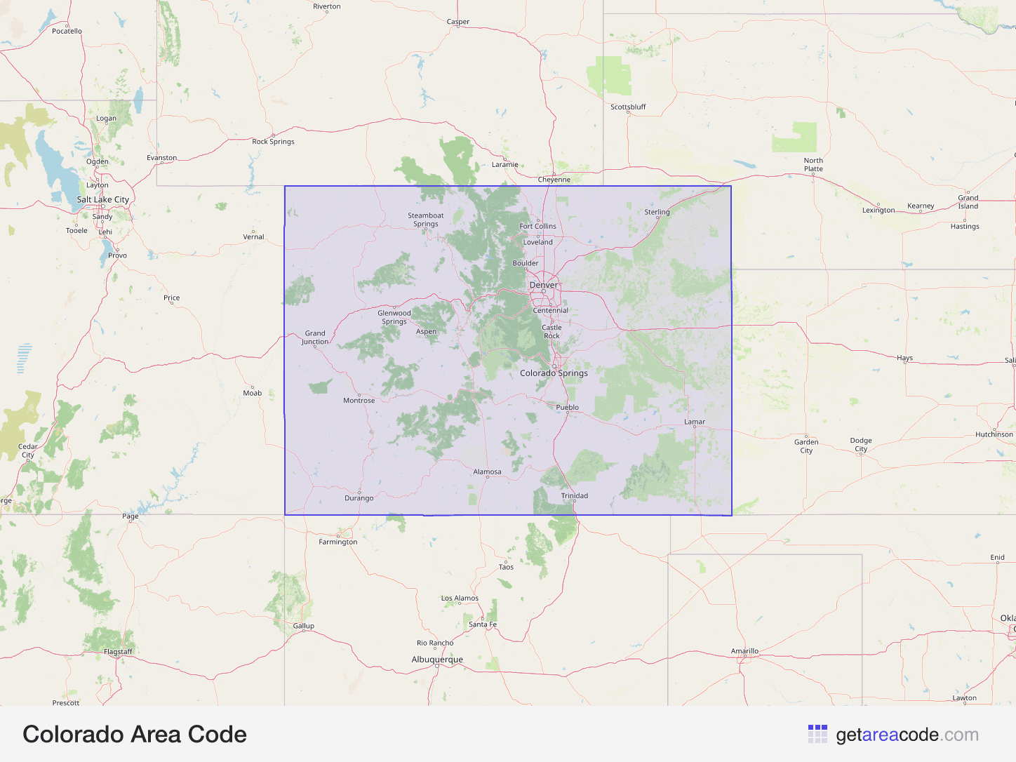 Map of Colorado showing the area covered by its area codes