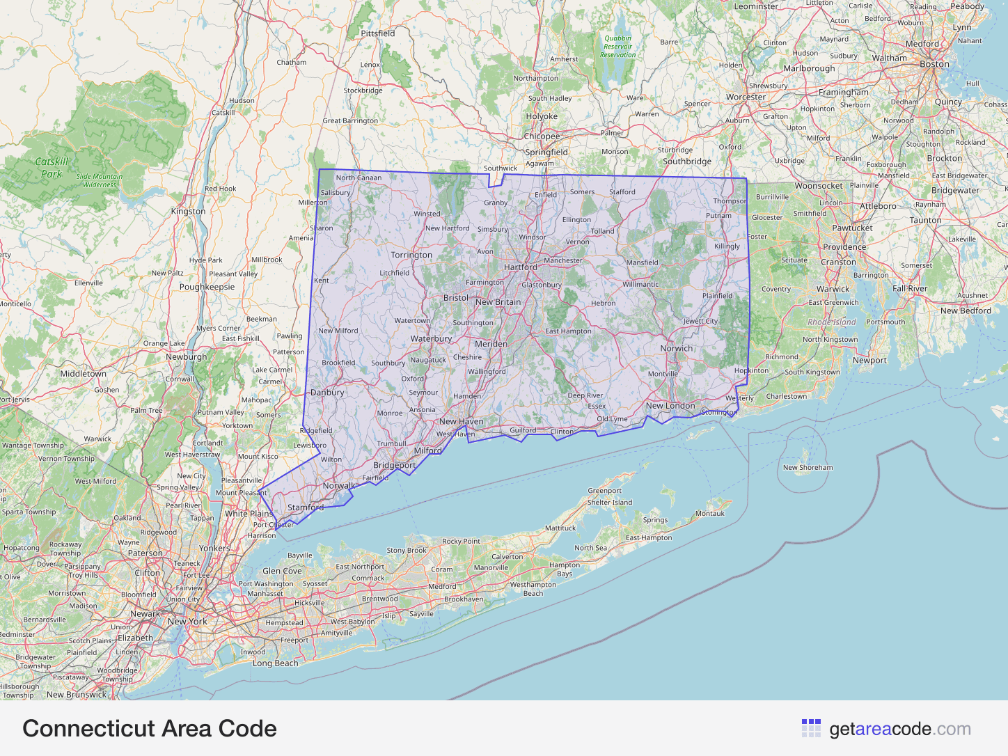 Map of Connecticut showing the area covered by its area codes
