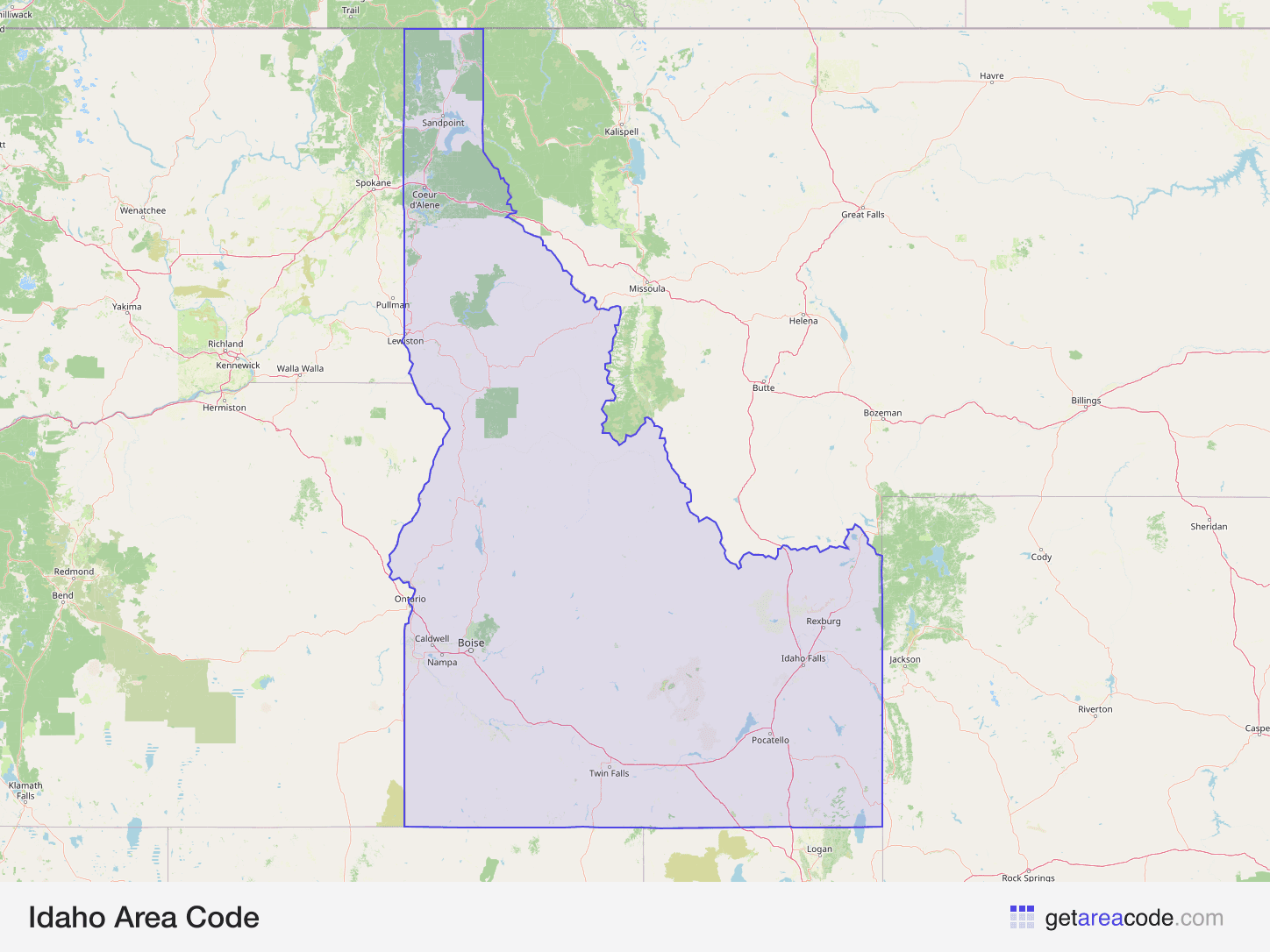 Map of Idaho showing the area covered by its area codes