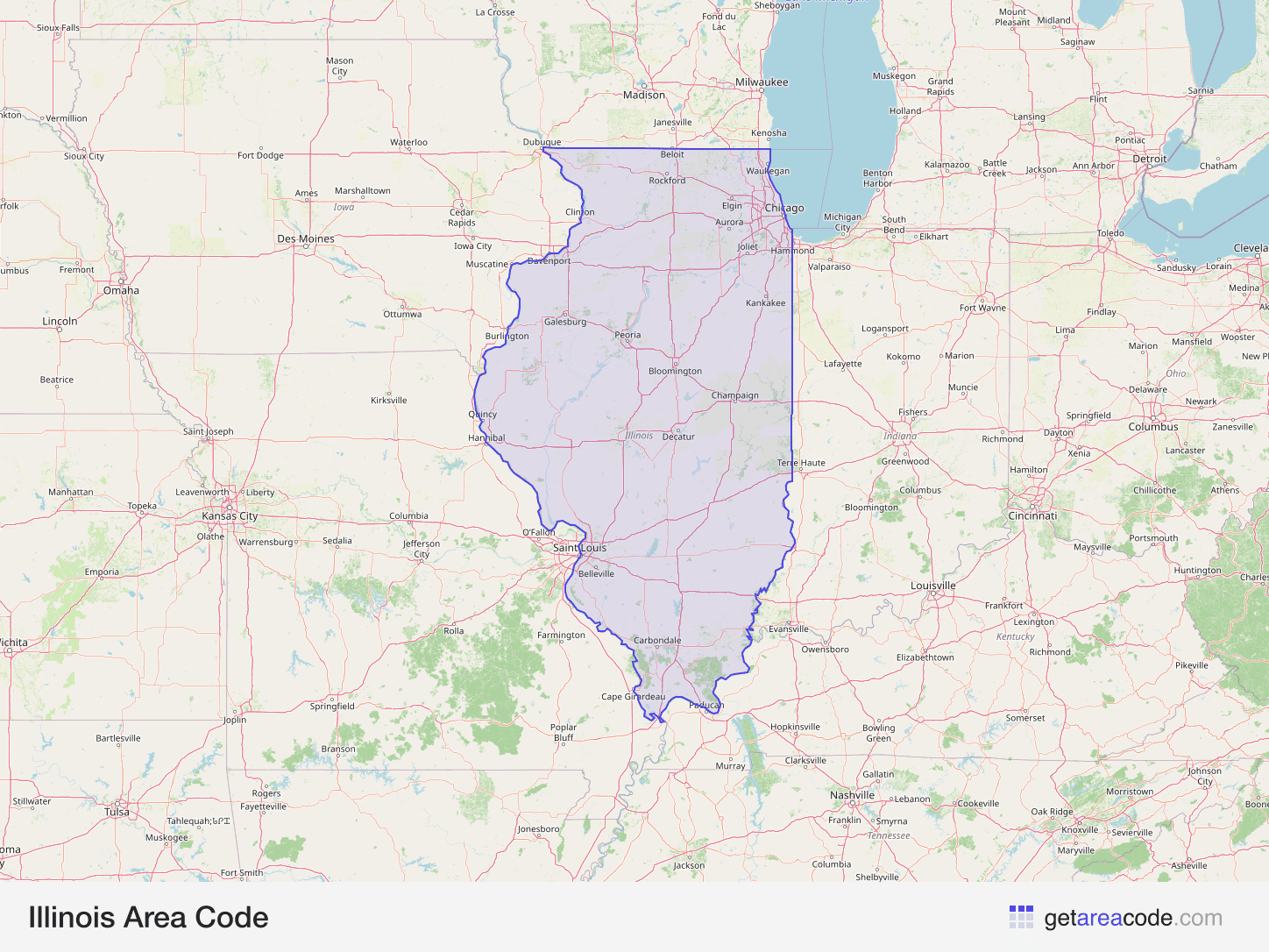 Map of Illinois showing the area covered by its area codes
