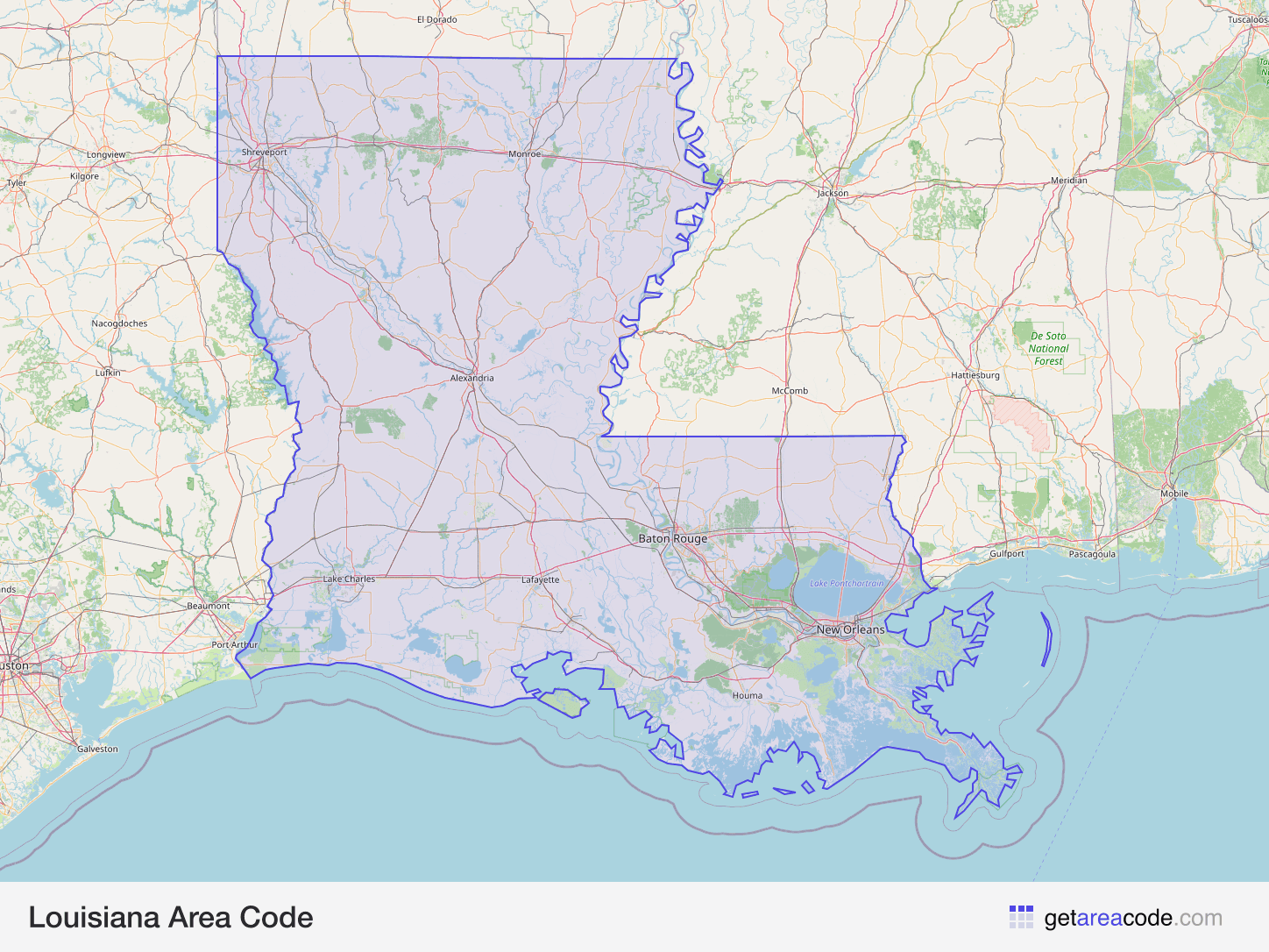 Map of Louisiana showing the area covered by its area codes