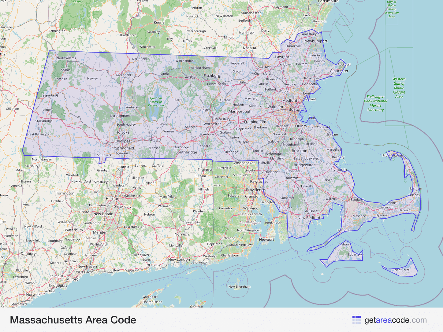 Map of Massachusetts showing the area covered by its area codes