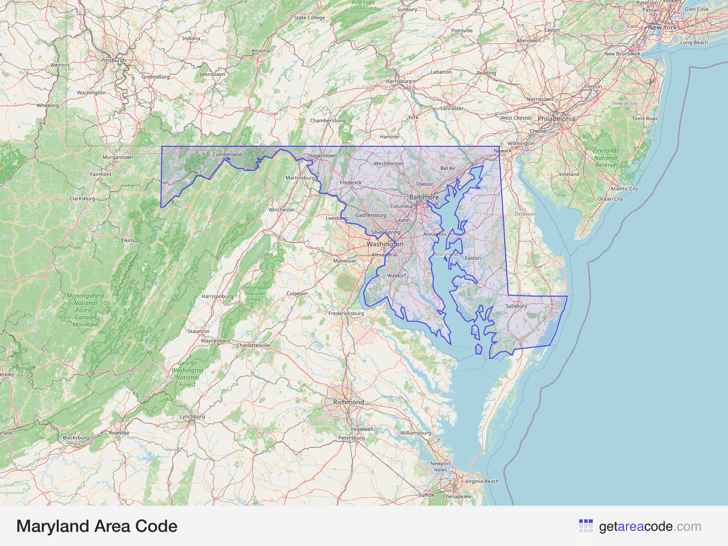 Map of Maryland showing the area covered by its area codes