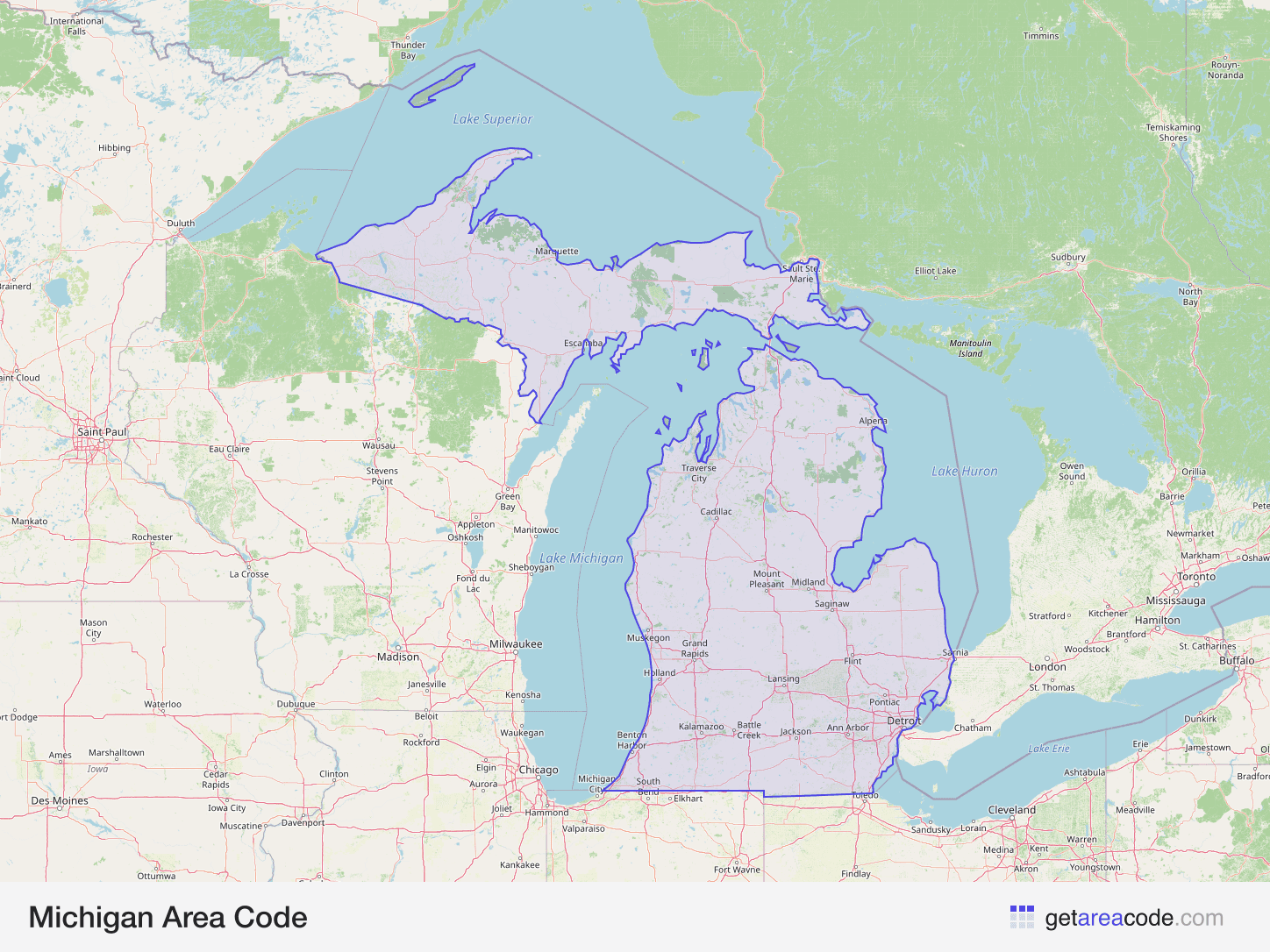 Map of Michigan showing the area covered by its area codes
